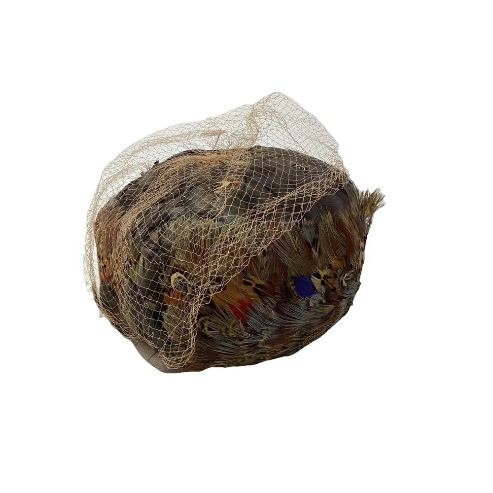 Vtg Henry Pollak NY Glenover 100% Wool Pillbox Hat Brown Net Veil All Feathers